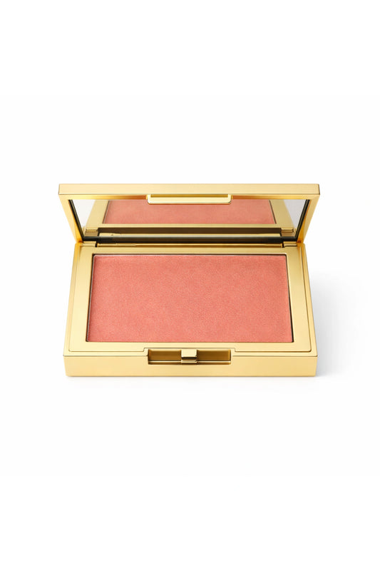 Honor the House Blush in shade 01 Sun Kiss - soft peach coral shade in a luxury rectangular gold compact with mirror.