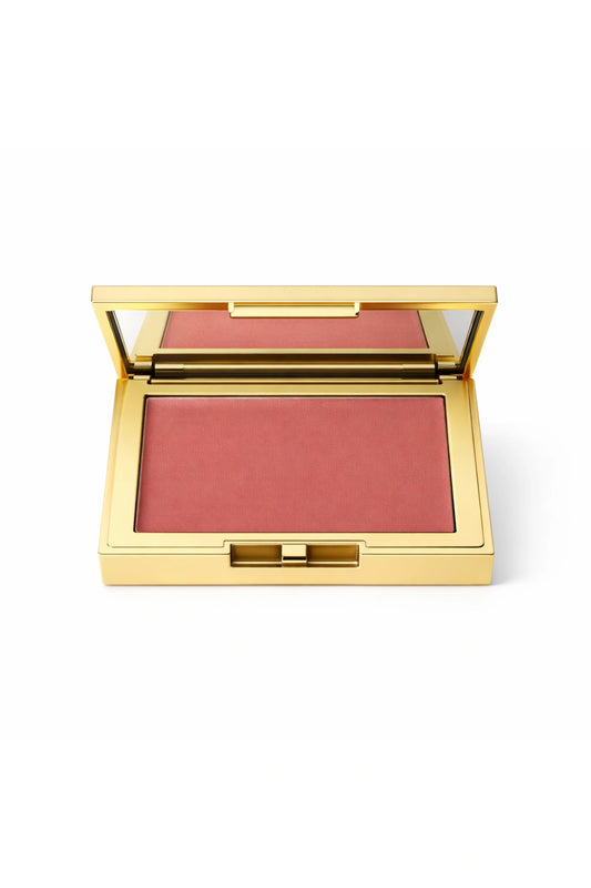 Honor the House Blush in shade 02 Rosé Muse - dusty rose pink shade in a luxury rectangular gold compact with mirror.