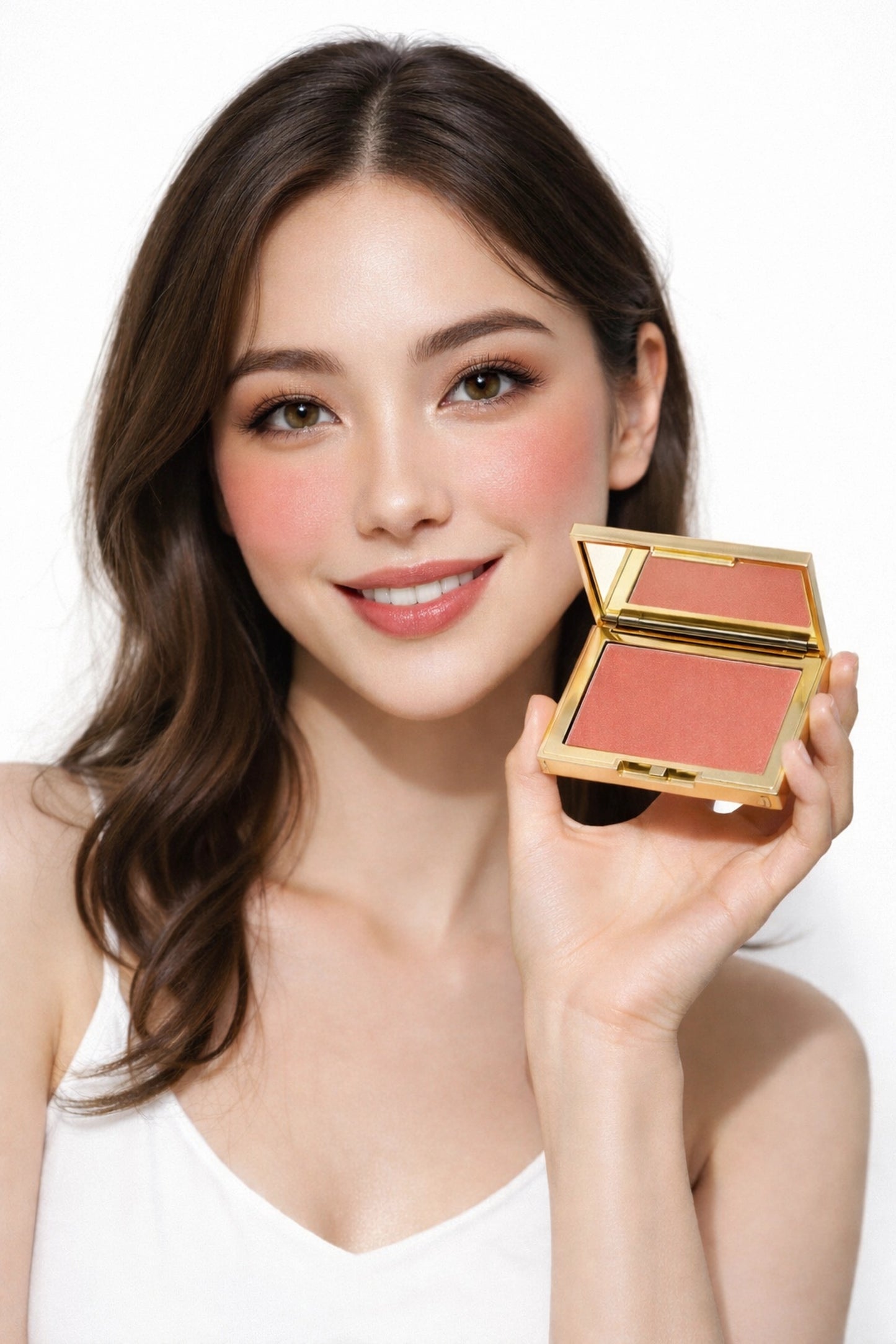 Rose Muse coral cream blush by Honor The House - luxury gold compact beauty product for fresh natural flush on light skin