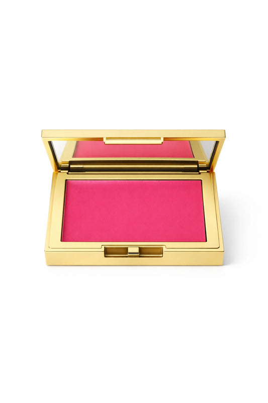 Honor the House Blush in shade 03 Brisa Rosa - vibrant fuchsia hot pink shade in a luxury rectangular gold compact with mirror.