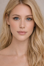 Daydream vegan liquid foundation on beautiful blonde hair and blue eyed model by Honor The House