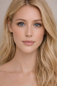 Daydream vegan liquid foundation on beautiful blonde hair and blue eyed model by Honor The House