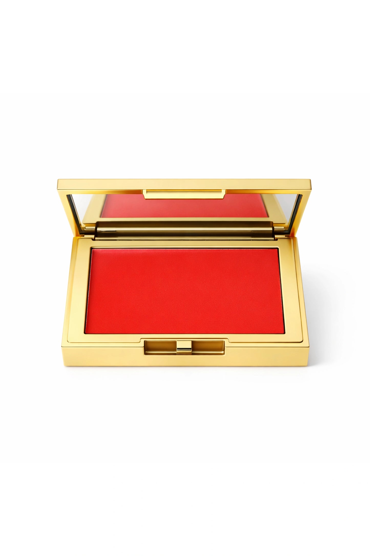 Honor the House Blush in shade 04 Solar Bloom - bright poppy red-orange shade in a luxury rectangular gold compact with mirror.