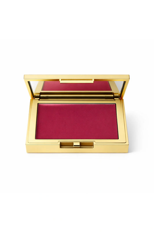 Honor the House Blush in shade 06 Hot Clay - deep berry wine shade in a luxury rectangular gold compact with mirror.