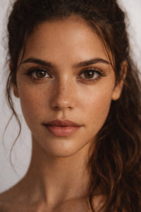 Desert Luck vegan liquid foundation on a beautiful Middle Eastern model with brown eyes by Honor The House