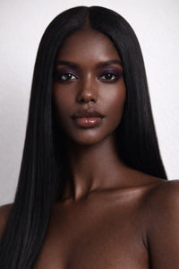 Espresso Shot vegan liquid foundation on beautiful Ebony model with long black hair by Honor The House