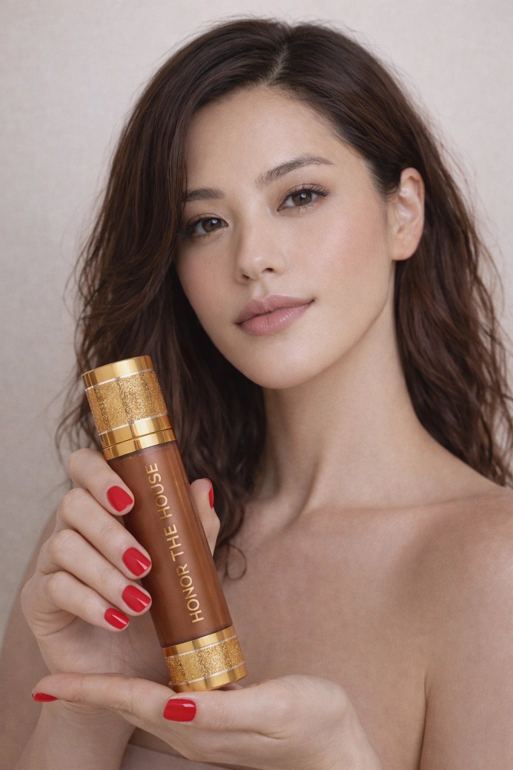 Honor The House Drippin' Gold Liquid Highlighter in Golden Hour showcase by Asian model.