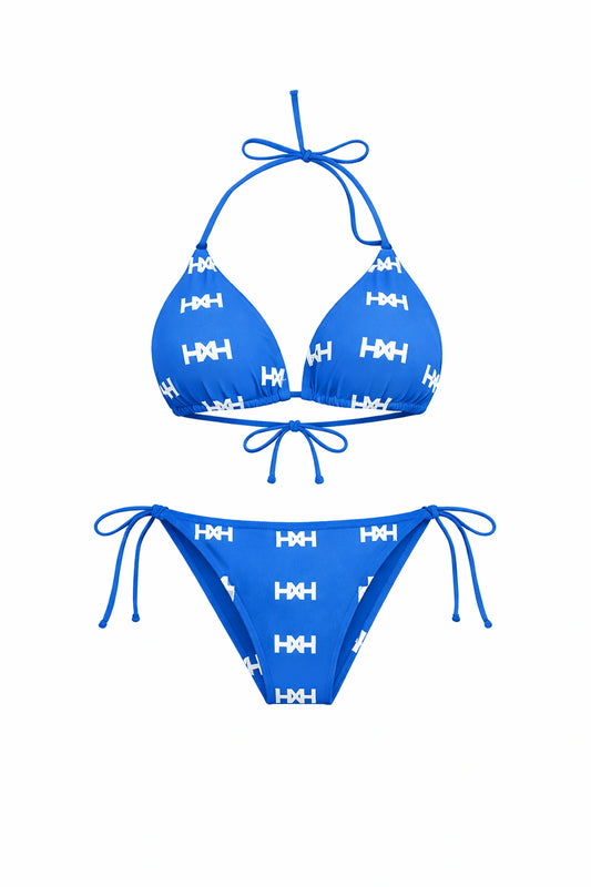 Breeze Off The Ocean Bikini - Atlantic Blue by Honor The House. Luxury monogram triangle tie top and bottoms with Cloud White HXH print.