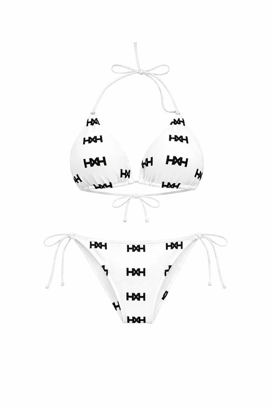 Breeze Off The Ocean Bikini - Cloud White by Honor The House. Luxury monogram triangle tie top and bottoms with Umbreon Black HXH print.