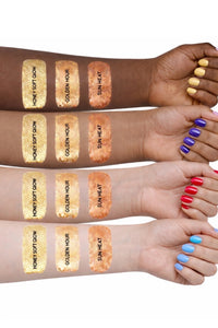 Honor The House Drippin' Gold Liquid Highlighter complexion comparison on four shades of arms.