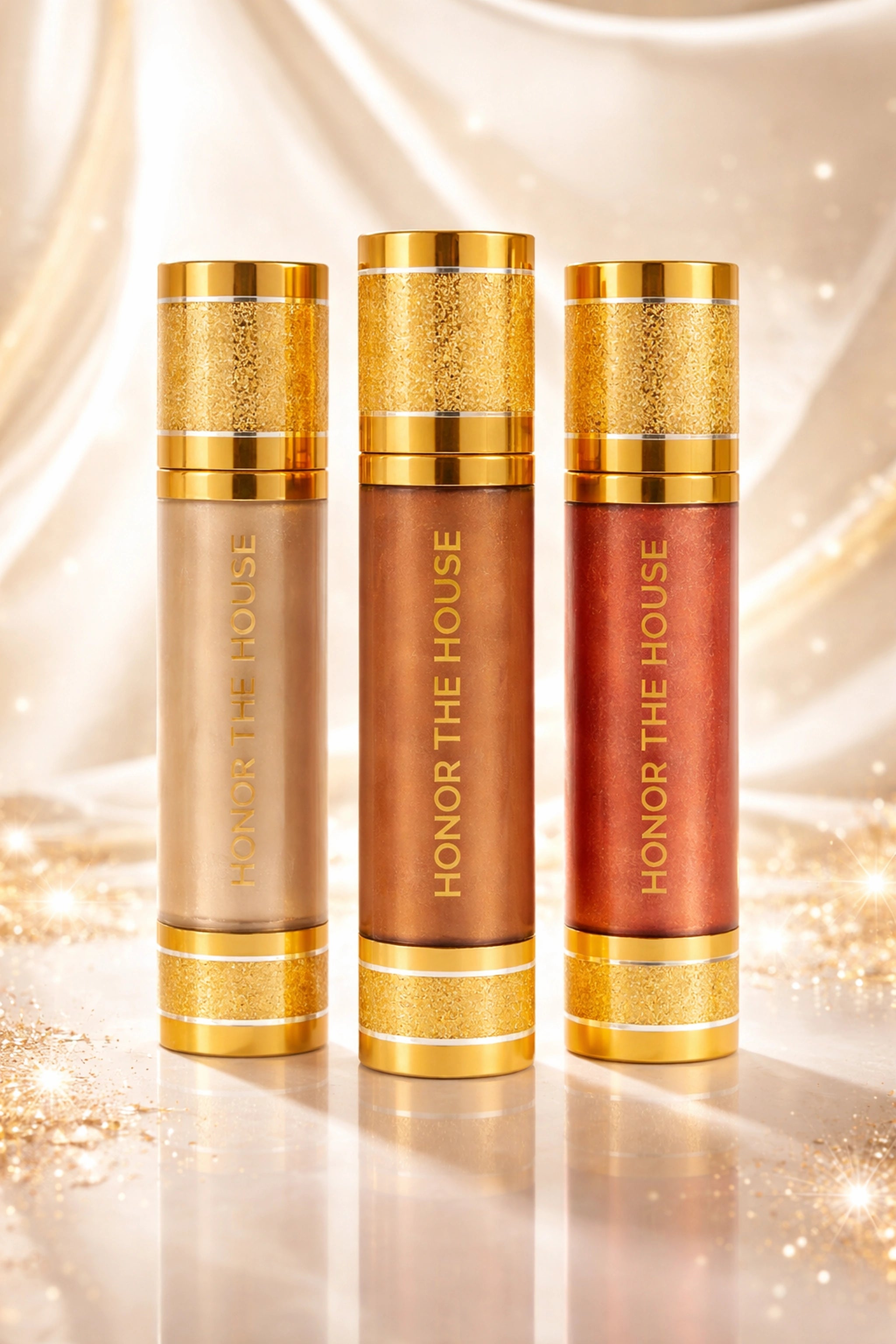 Honor The House Drippin' Gold Liquid Highlighter collection showcased in a beautiful golden backdrop.
