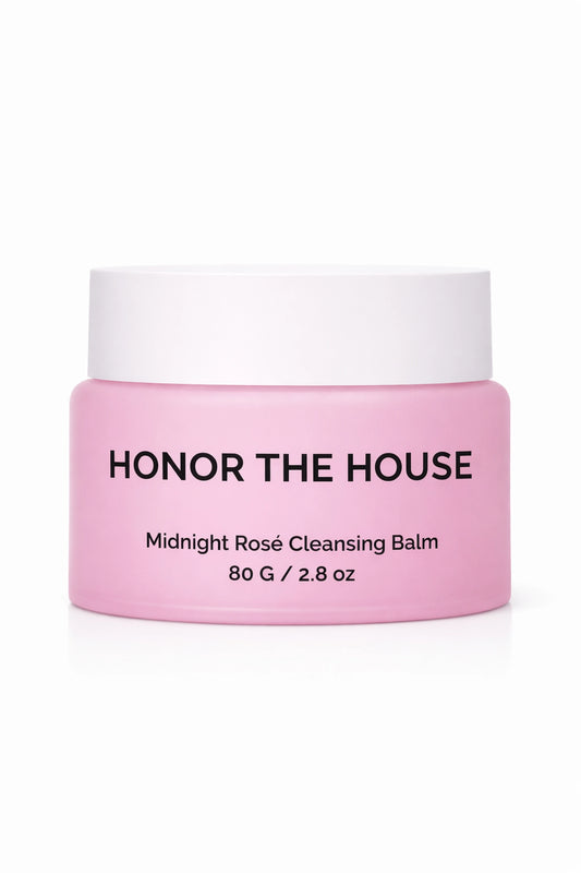 Midnight Rosé Cleansing Balm removing waterproof mascara texture shot and Honor The House Hydrating Makeup Remover Balm jar.