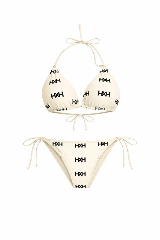 Breeze Off The Ocean Bikini - Summer Cream by Honor The House. Luxury monogram triangle tie top and bottoms with Umbreon Black HXH print.