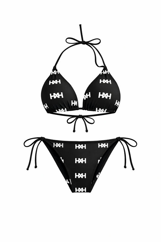 Breeze Off The Ocean Bikini - Umbreon Black by Honor The House. Luxury monogram triangle tie top and bottoms with Cloud White HXH print.